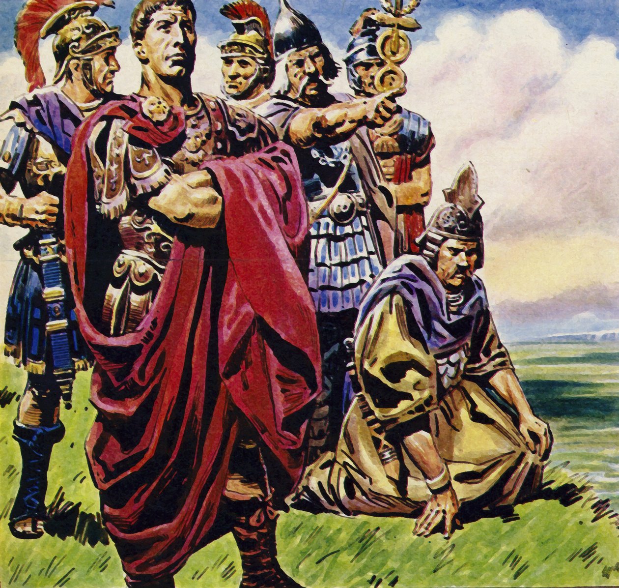 Po podbiciu Galii Juliusz Cezar skierował swój wzrok na Brytanię (kolorowa litografia) autorstwa C.L. Doughty