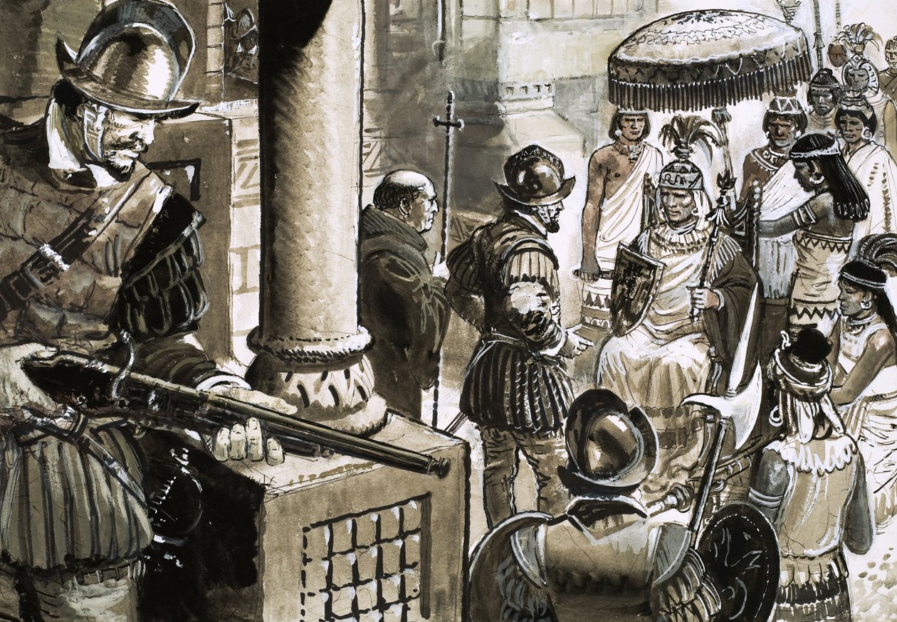 Francisco Pizarro, bezwzględny zdobywca imperium Inków, spotyka króla Atahualpę autorstwa C.L. Doughty