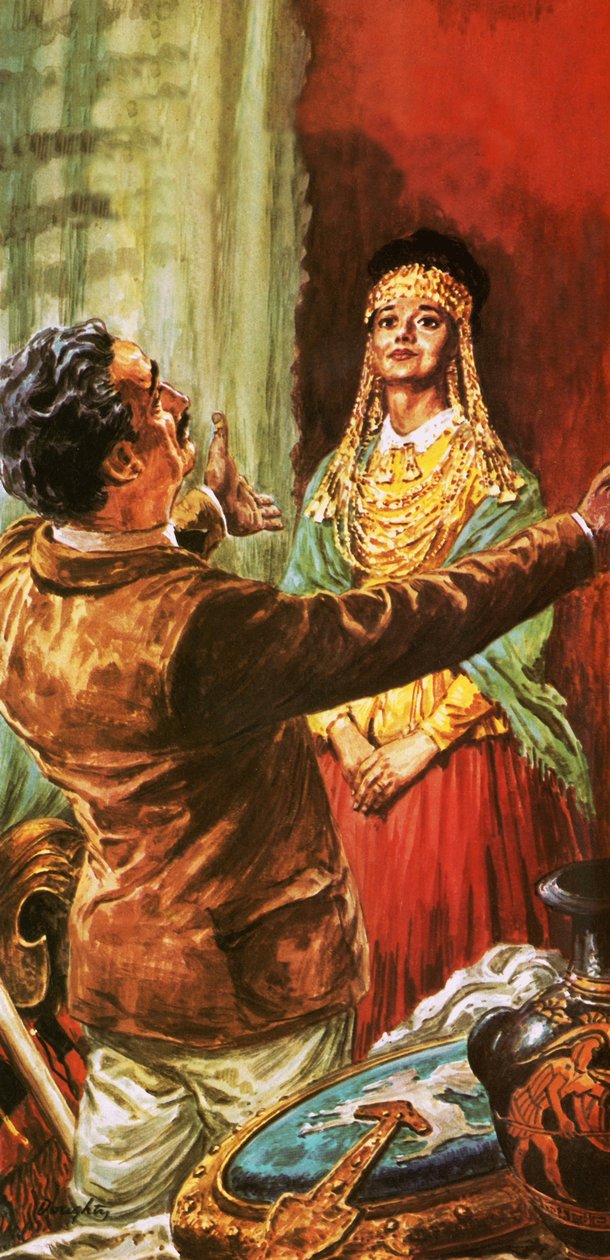 Heinrich Schliemann ozdabia swoją żonę ornamentami wykopanymi na terenie starożytnej Troi autorstwa C.L. Doughty