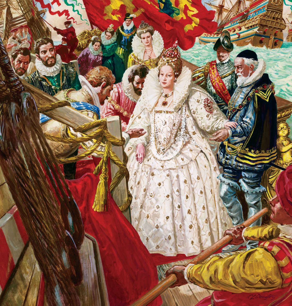 Królowa Elżbieta I (1530-1603) schodząca na ląd w asyście sir Waltera Raleigha (1554-1618) (gwasz na papierze) autorstwa C.L. Doughty