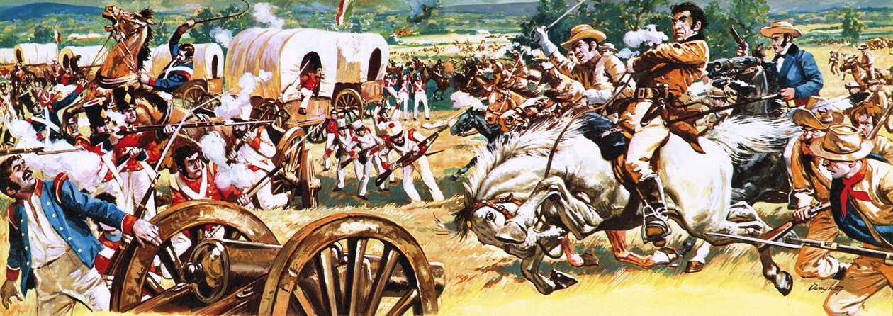 Sam Houston na białym koniu szarżujący na Meksykanów autorstwa C.L. Doughty