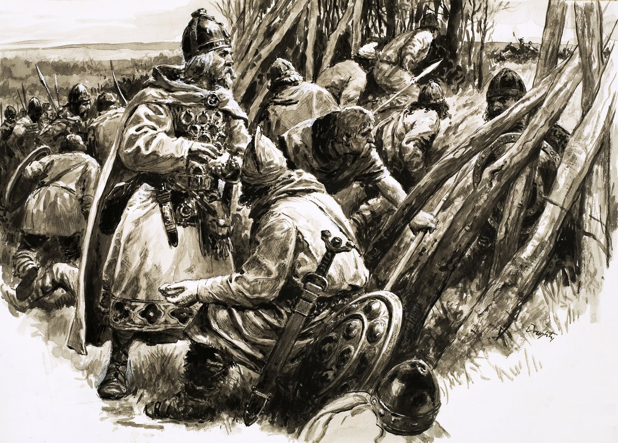 Wraz z niewielką grupą lojalnych zwolenników, król Alfred wycofał się na bagna autorstwa C.L. Doughty