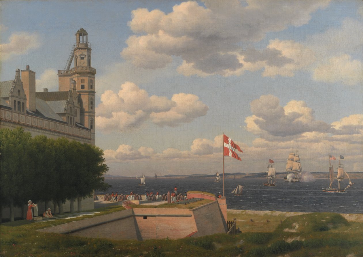 Widok na szwedzkie wybrzeże z murów obronnych zamku Kronborg autorstwa Christoffer Wilhelm Eckersberg