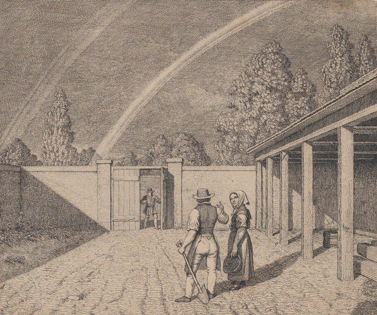 Para rozmawiająca na stajni, z podwójną tęczą nad głową, z Linear Perspec..., 1841. autorstwa Christoffer Wilhelm Eckersberg