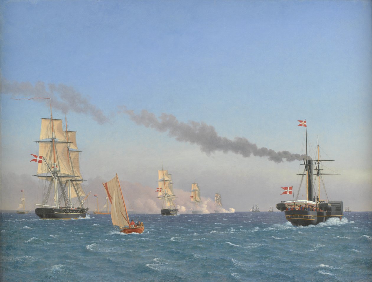Christian VIII na swoim parowcu „Ægir” ogląda manewry eskadry pod Kopenhagą autorstwa Christoffer Wilhelm Eckersberg