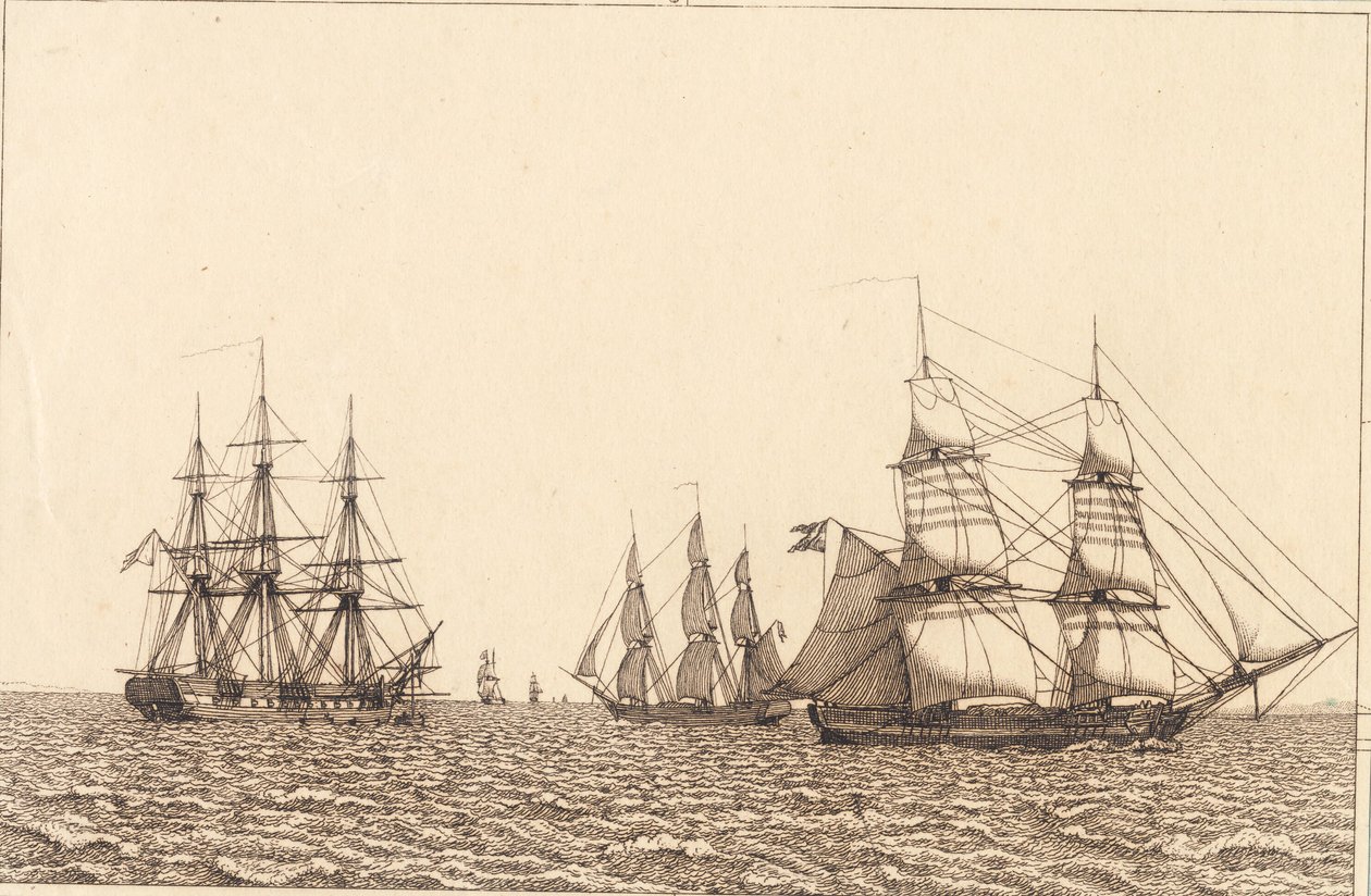 Fregata stoi na kotwicy. Ilustracja do "Perspektywy liniowej", tabliczka IXb autorstwa Christoffer Wilhelm Eckersberg
