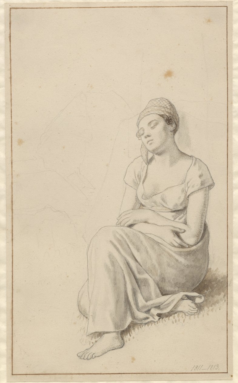 Kobieta oparta o kamienny blok i śpiąca. autorstwa Christoffer Wilhelm Eckersberg