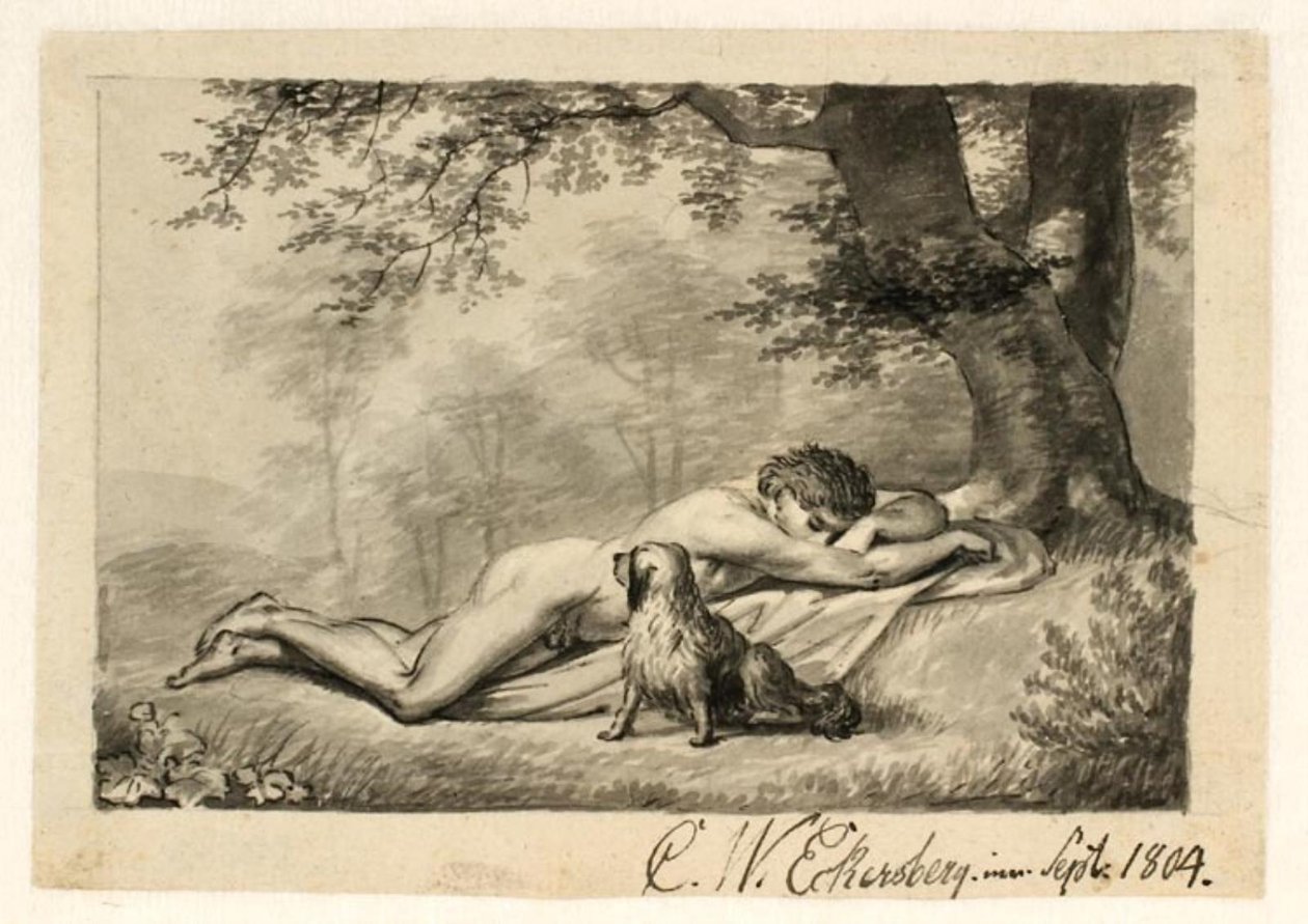 Nagi młodzieniec śpiący u podnóża drzewa, u jego boku pies autorstwa Christoffer Wilhelm Eckersberg