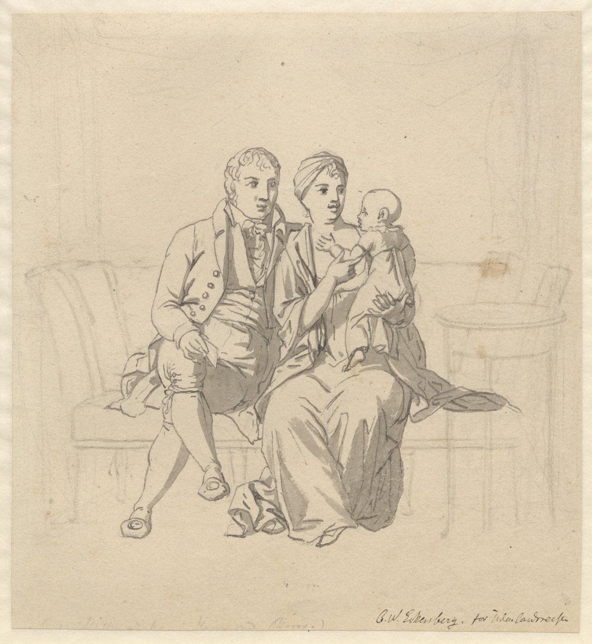Młode małżeństwo siedzące na kanapie z dzieckiem na ramieniu autorstwa Christoffer Wilhelm Eckersberg