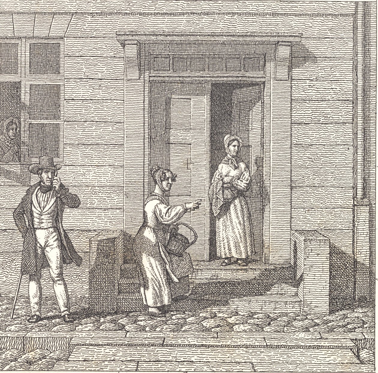 Scena uliczna, dwie dziewczyny, mężczyzna i kobieta szukają czegoś autorstwa Christoffer Wilhelm Eckersberg