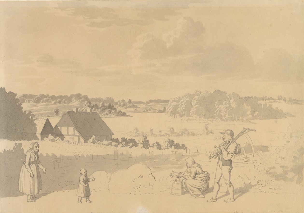 Krajobraz z jeziorem, otoczony lasem i polami, na pierwszym planie chłopi bawiący się z małym dzieckiem autorstwa Christoffer Wilhelm Eckersberg