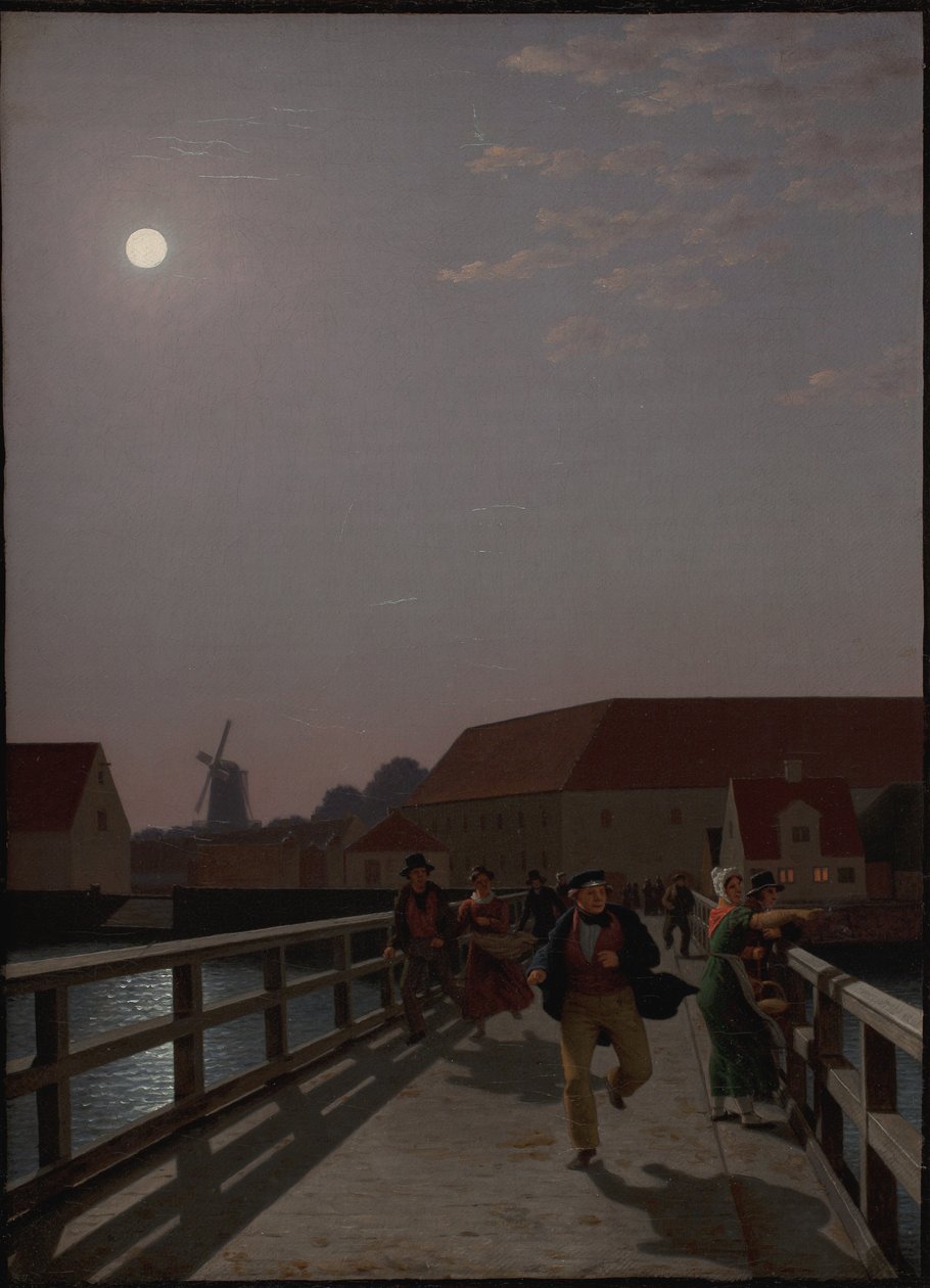 Langebro, Kopenhaga, w świetle księżyca z biegającymi postaciami autorstwa Christoffer Wilhelm Eckersberg