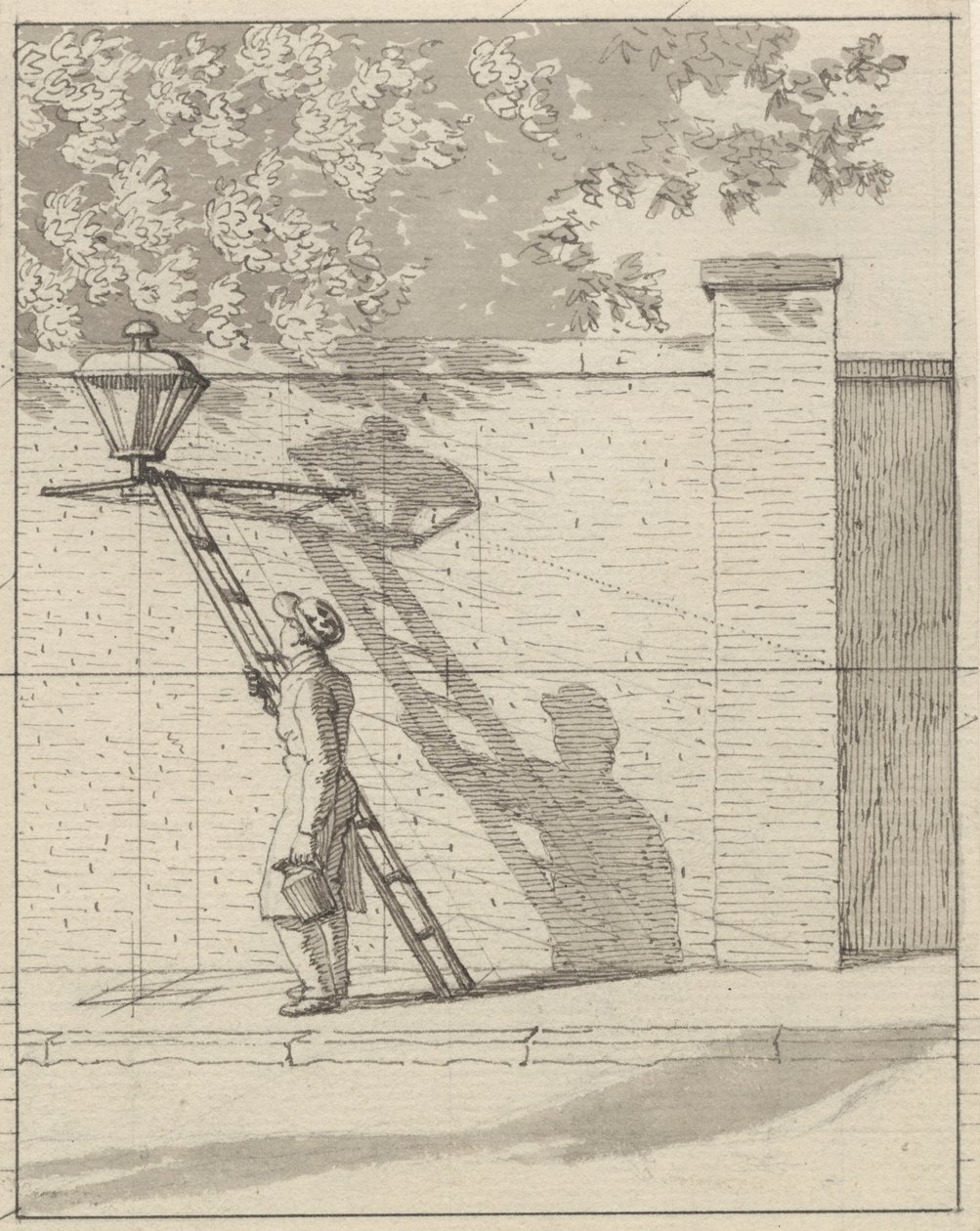 Perspektywa liniowa w zastosowaniu w malarstwie - płyta VI. Lampa uliczna na ścianie ogrodu, światło dzienne autorstwa Christoffer Wilhelm Eckersberg