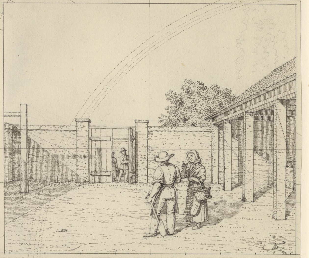 Perspektywa liniowa zastosowana w sztuce malarskiej - Szkic nieużywanej wersji planszy V,2 - Tęcza nad dziedzińcem. autorstwa Christoffer Wilhelm Eckersberg
