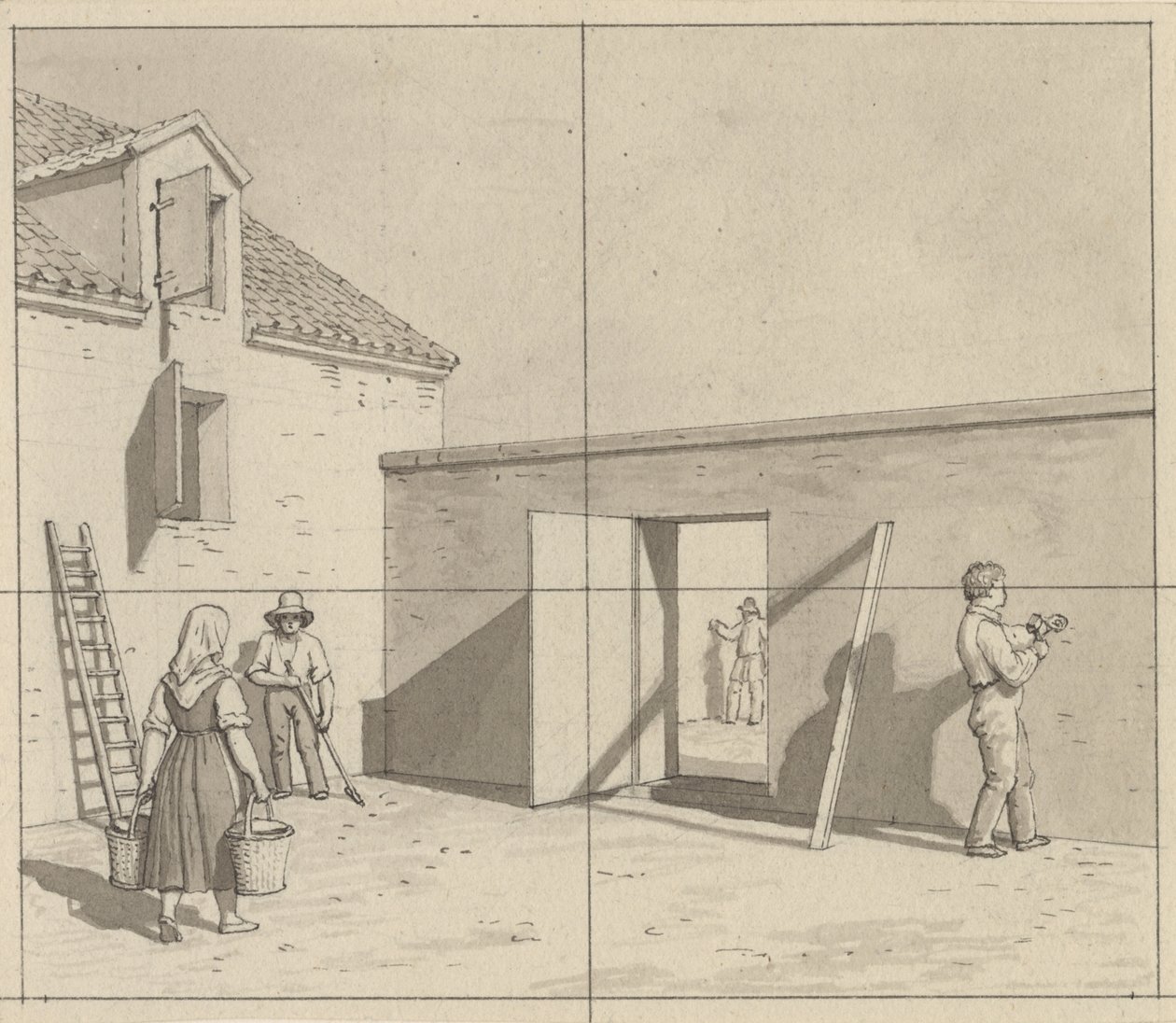 Perspektywa liniowa, zastosowana do malarstwa - szkic niewykorzystanej ilustracji - duński dziedziniec z czterema rolnikami i rzemieślnikami. autorstwa Christoffer Wilhelm Eckersberg