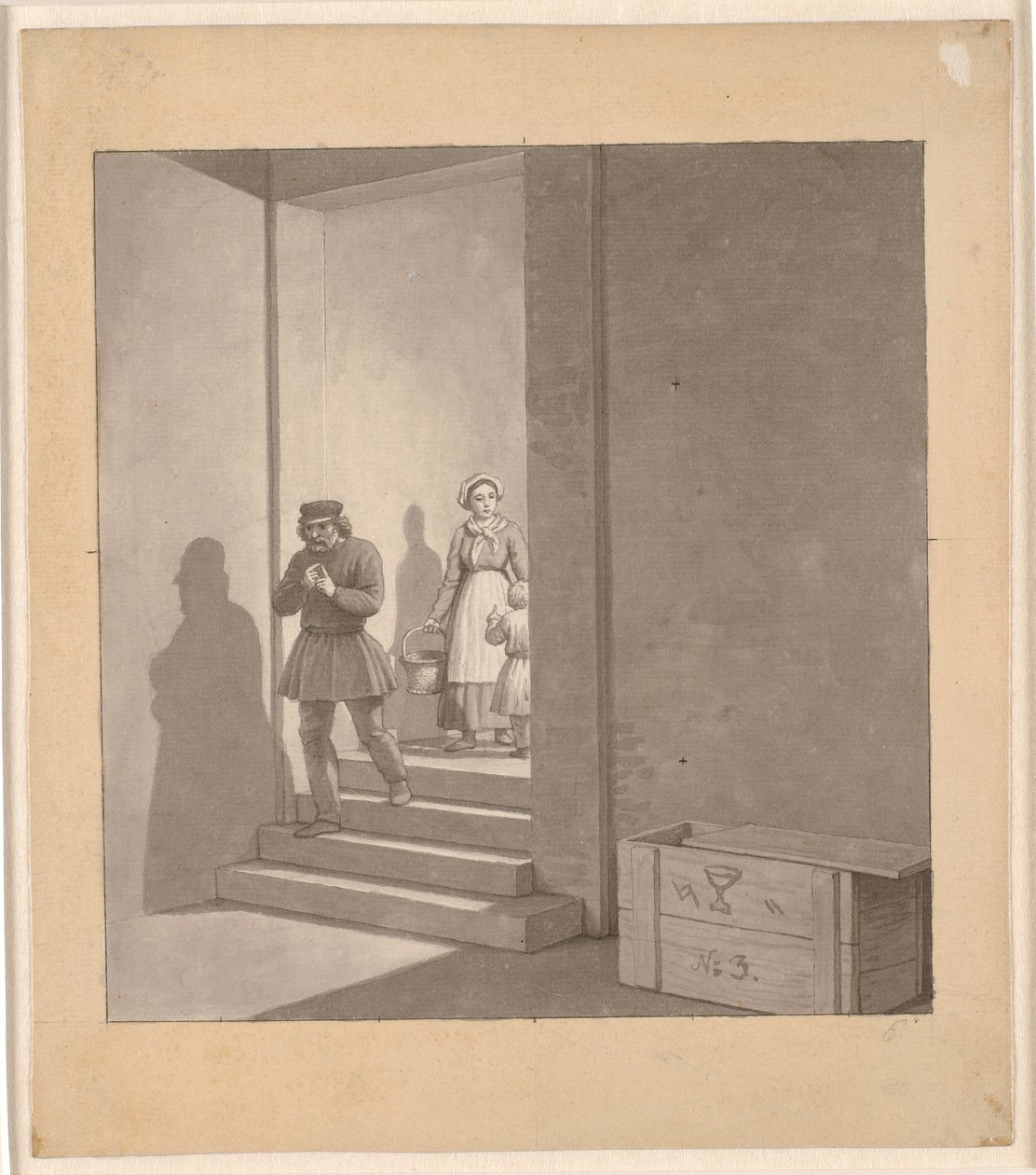 Mężczyzna schodzący po schodach, w tle kobieta i dziecko autorstwa Christoffer Wilhelm Eckersberg