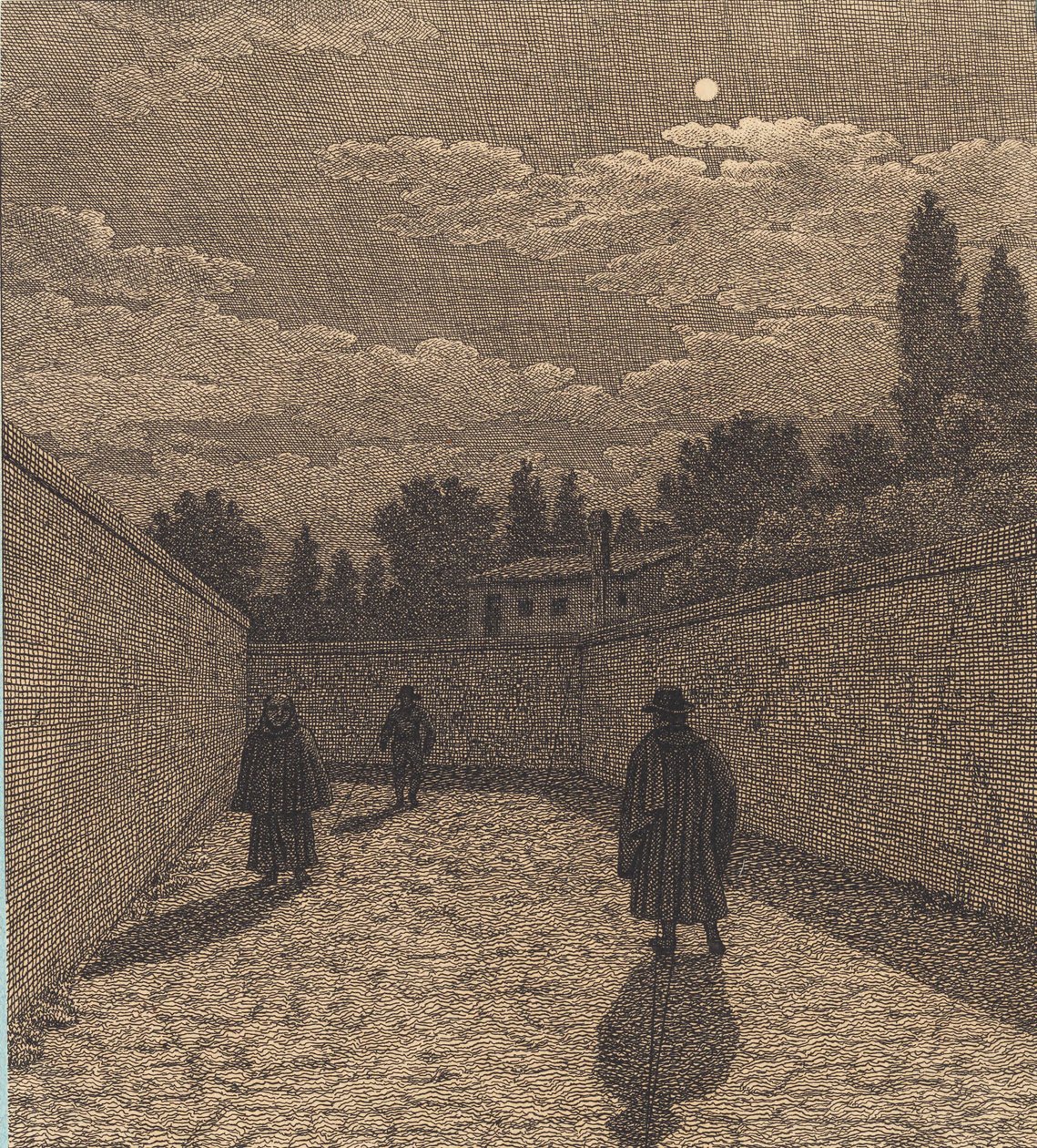 Światło księżyca nad drogą z trzema postaciami. Ilustracja do „Perspektywy liniowej”, płyta IV autorstwa Christoffer Wilhelm Eckersberg