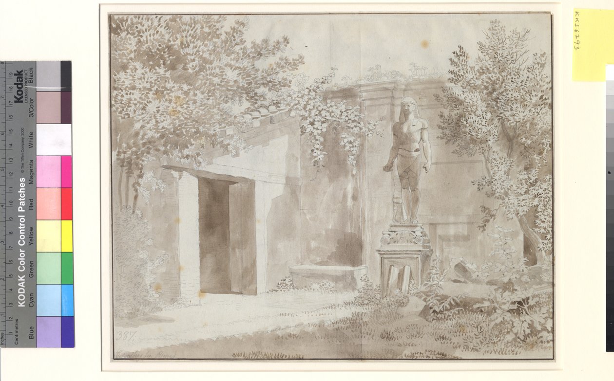Lot prawdopodobnie z ogrodu Palazzo Barberini z rzymską statuą Antinousa w stylu egipskim, Rzym autorstwa Christoffer Wilhelm Eckersberg