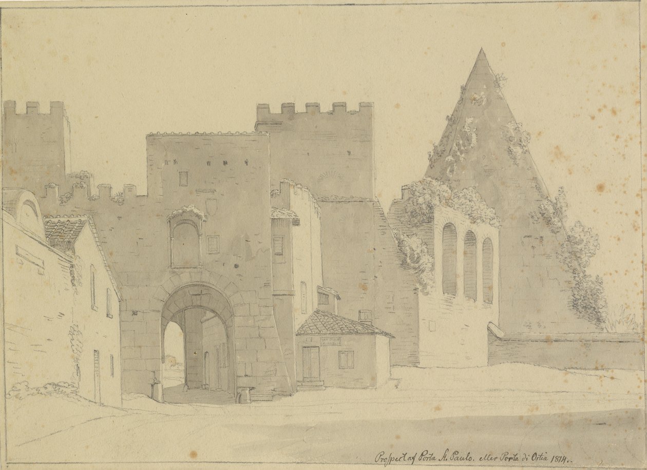 Perspektywa Porta S.Paolo i Piramide di Caio Cestio widziana od strony miasta, Rzym. autorstwa Christoffer Wilhelm Eckersberg