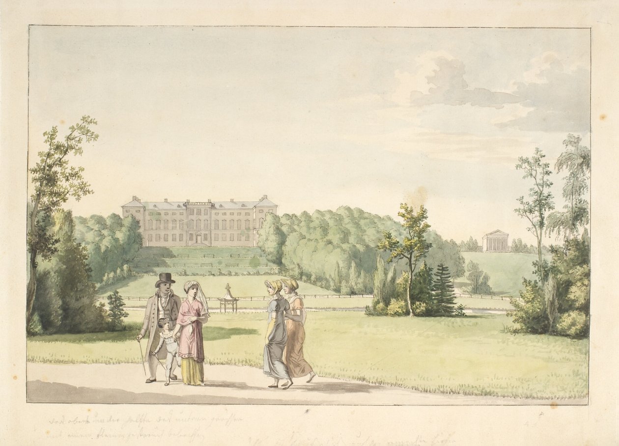 Perspektywa z ogrodu Frederiksberg przy zamku i świątyni Apis autorstwa Christoffer Wilhelm Eckersberg
