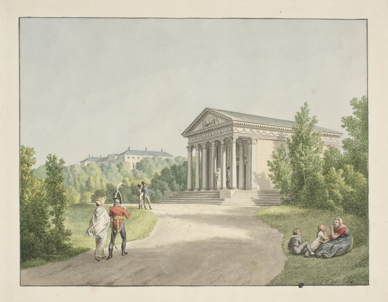 Perspektywa z ogrodu Frederiksberg przy zamku i świątyni Apis autorstwa Christoffer Wilhelm Eckersberg