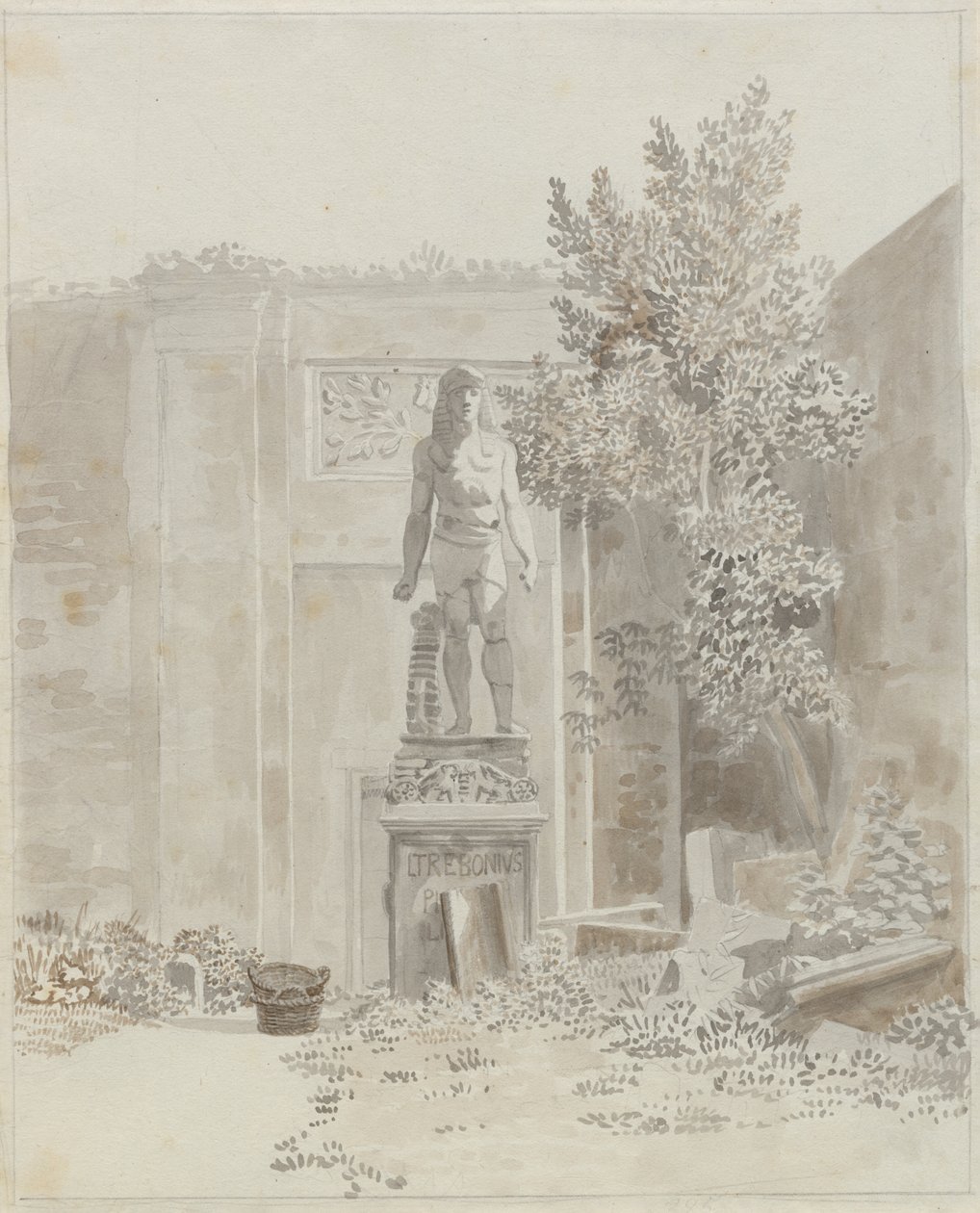 Starożytny rzymski posąg w stylu egipskim, prawdopodobnie w ogrodzie Palazzo Barberini autorstwa Christoffer Wilhelm Eckersberg