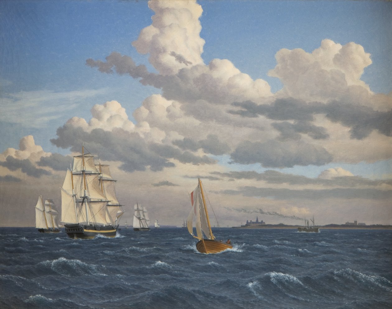 Statki w Sound Na północ od zamku Kronborg, Elsinore autorstwa Christoffer Wilhelm Eckersberg