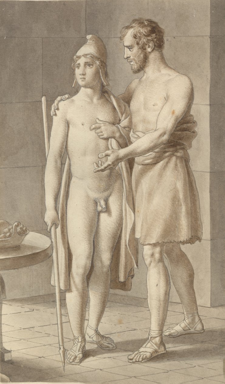 Telemach spotyka Odyseusza w przebraniu żebraka u pasterza Eumaiosa - Odyseusza; fragment całej kompozycji. autorstwa Christoffer Wilhelm Eckersberg