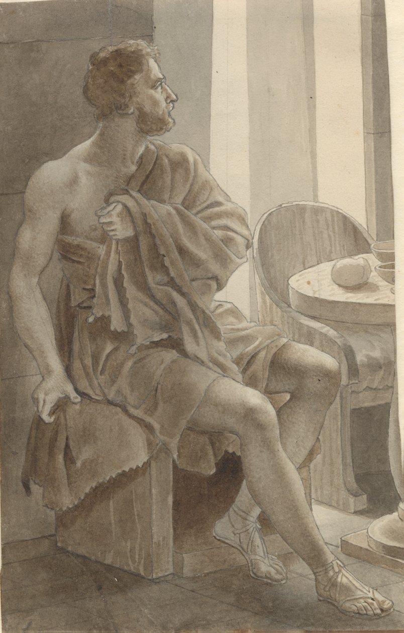 Telemach spotyka Odyseusza w przebraniu żebraka u pasterza Eumaiosa - Odyseusza; fragment całej kompozycji. autorstwa Christoffer Wilhelm Eckersberg