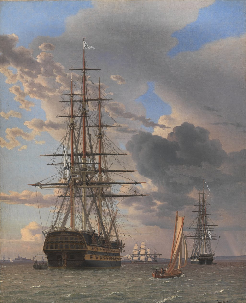 Rosyjski statek linii „Asow” i fregata na kotwicy w pobliżu Elsinore autorstwa Christoffer Wilhelm Eckersberg