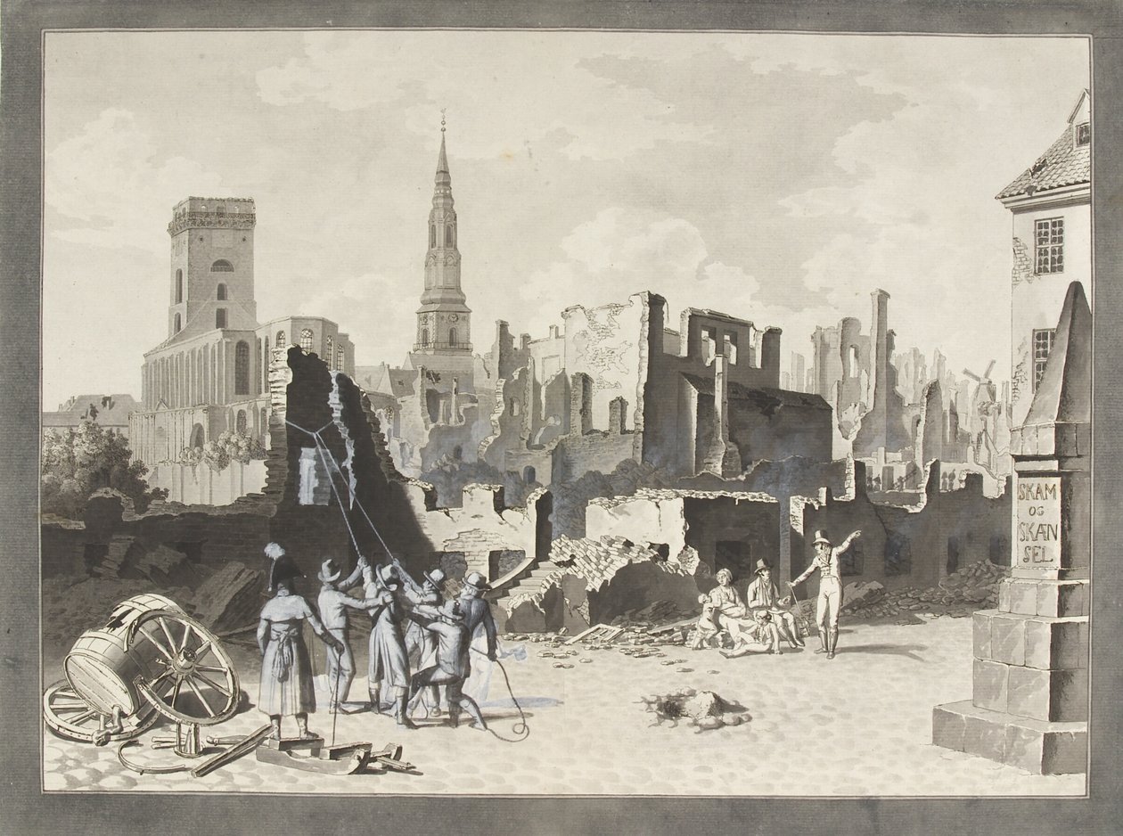 Plac Ulfeldta, teraz nazywany Gråbrødertorv, po brytyjskim bombardowaniu we wrześniu 1807 roku autorstwa Christoffer Wilhelm Eckersberg