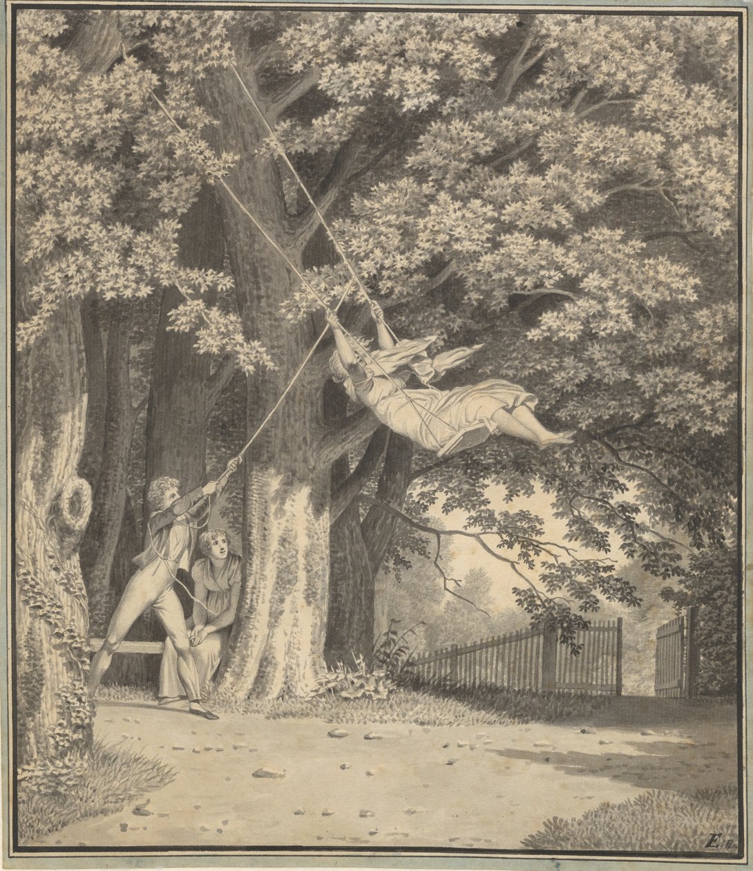 The Woodlands autorstwa Skjoldnæsholm z młodym mężczyzną, który kołysze młodą dziewczyną autorstwa Christoffer Wilhelm Eckersberg