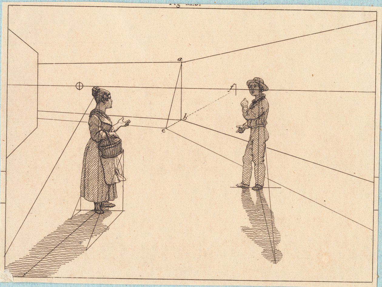 Dwie postacie w geometrycznej konstrukcji. Ilustracja do „Perspektywy liniowej”, płyta IV autorstwa Christoffer Wilhelm Eckersberg