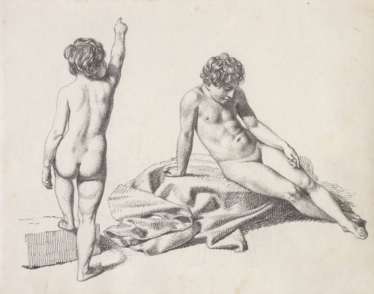 Dwie nagie dziewczynki, jedna siedząca widziana z przodu, druga stojąca widziana z tyłu autorstwa Christoffer Wilhelm Eckersberg
