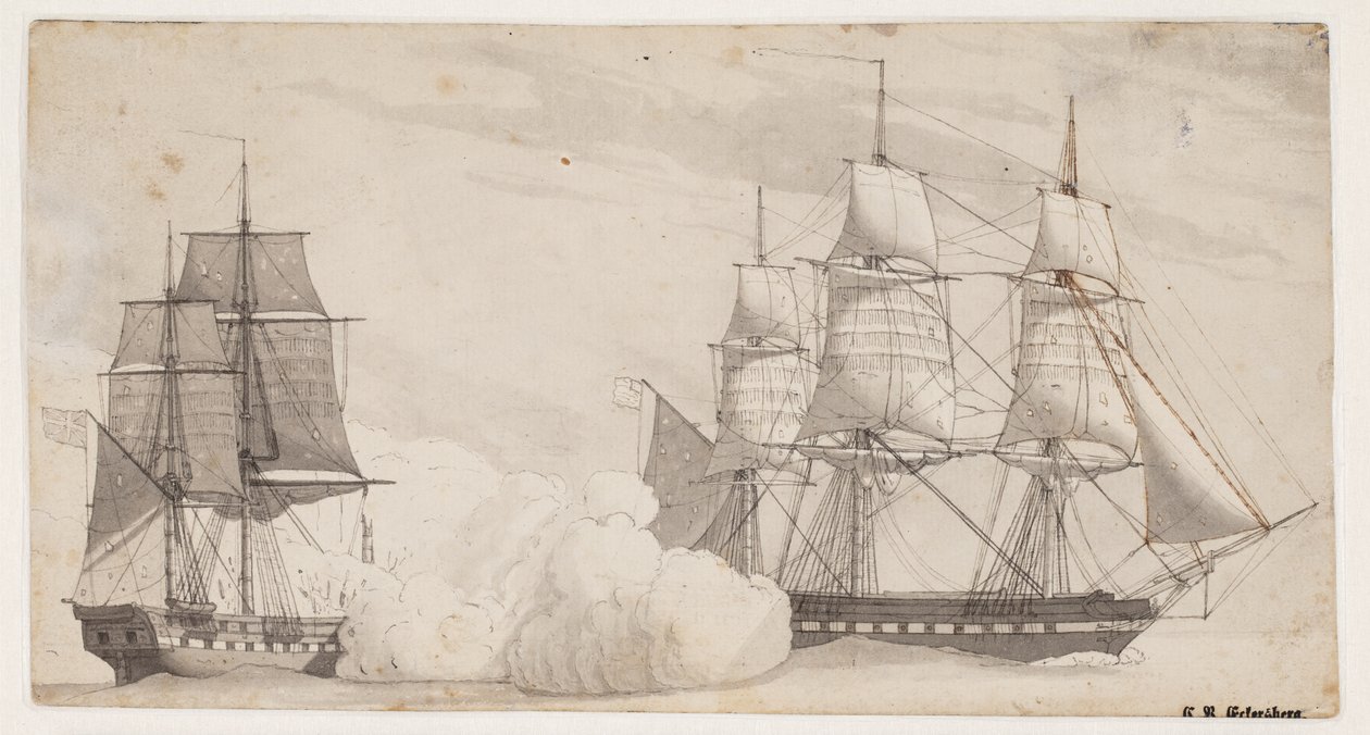 Dwa okręty wojenne w bitwie (angielska fregata Shannon i amerykańska fregata Chesapeak?) autorstwa Christoffer Wilhelm Eckersberg