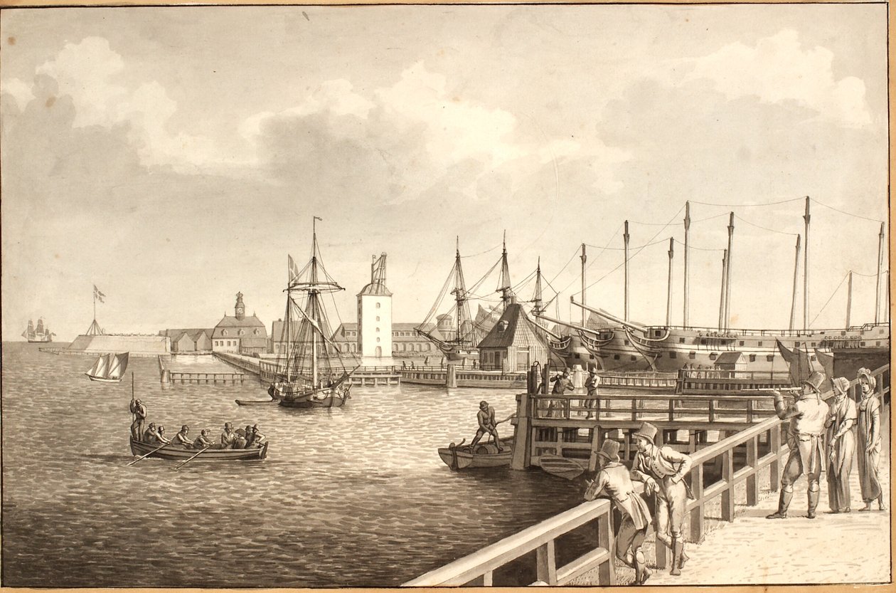 Widok z Langelinie w kierunku Nyholm, cz. wynajem floty autorstwa Christoffer Wilhelm Eckersberg
