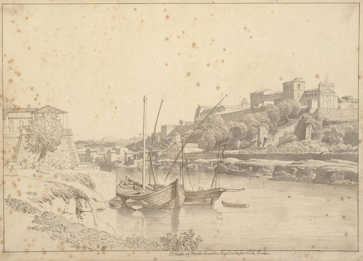 Widok Tybru w Porto di Ripa Grande poza Porta Portese w kierunku Marmorata i kościołów Monte Aventino, Rzym autorstwa Christoffer Wilhelm Eckersberg