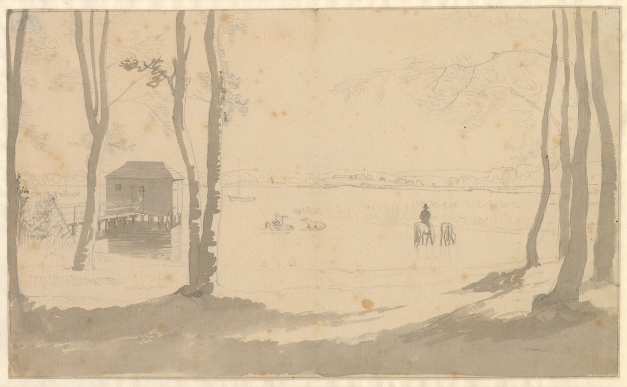 Widok na jezioro, po lewej łaźnia, w centrum jeźdźcy pojenia koni, na pierwszym planie zalesiony autorstwa Christoffer Wilhelm Eckersberg