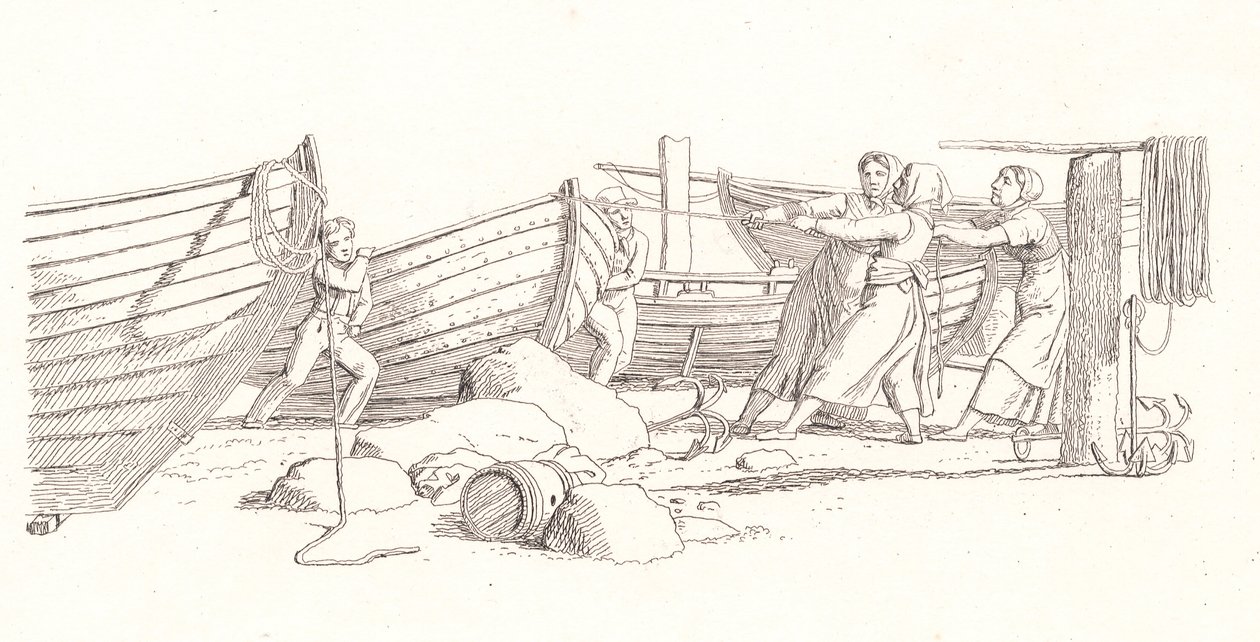 Widok na wioskę rybacką. Łodzie ciągnięte na brzeg autorstwa Christoffer Wilhelm Eckersberg