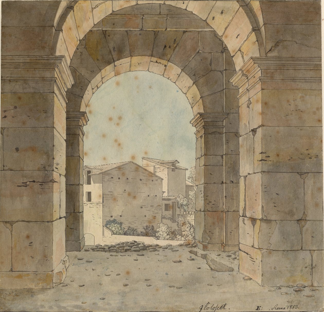 Widok na północ przez jeden z łuków drugiej kondygnacji Koloseum w Rzymie autorstwa Christoffer Wilhelm Eckersberg