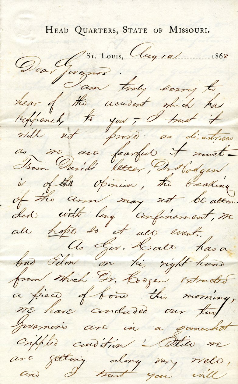 List podpisany C.C. Bailey, siedziba główna, stan Missouri, St. Louis, do gubernatora [Hamilton R. Gamble], 12 sierpnia 1863 autorstwa C. C. Bailey