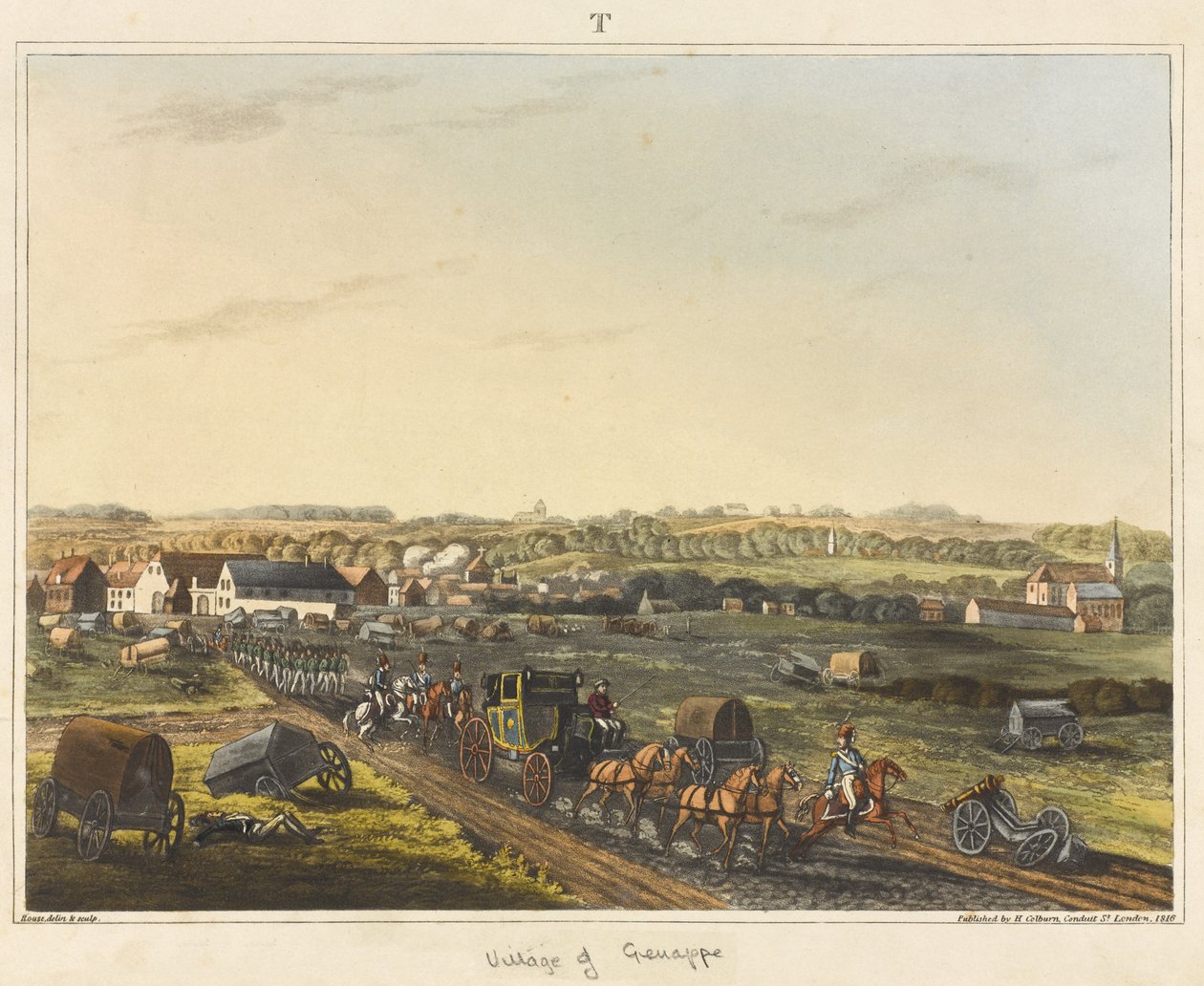 Wioska Genappe, z "Historycznego opisu bitwy pod Waterloo", rycina Jamesa Rouse