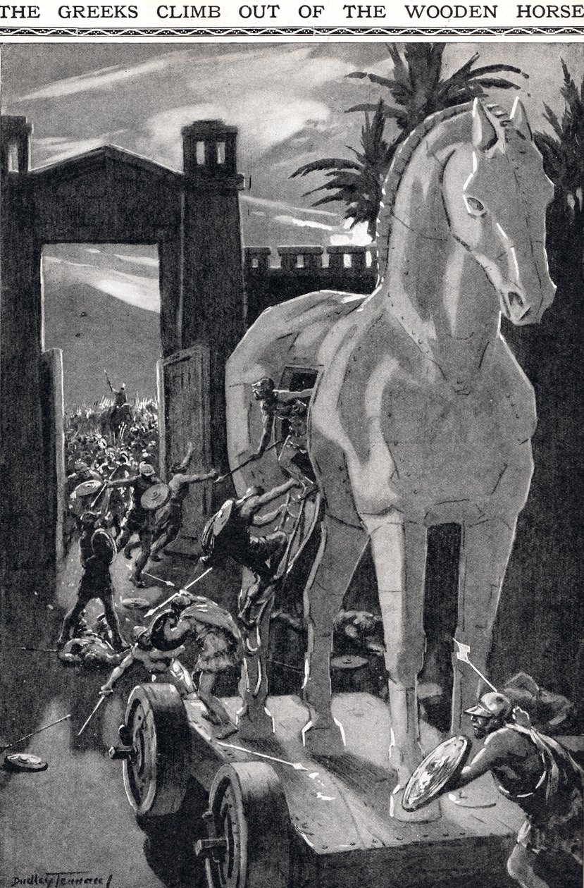 Grecy schodzą z drewnianego konia, ilustracja z obrazkowej księgi wiedzy Newnesa (litografia) autorstwa C. Dudley (after) Tennant