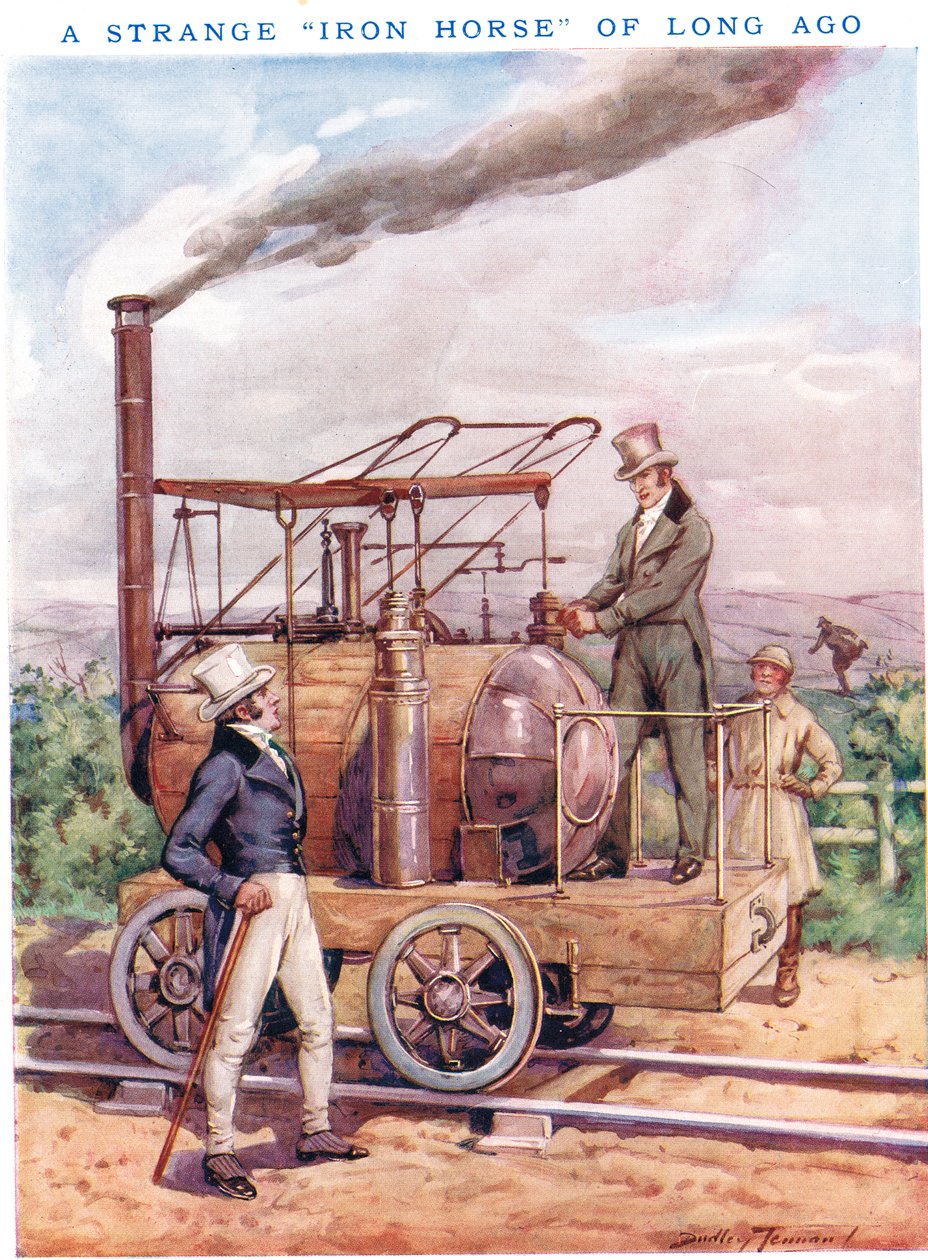Dziwny „żelazny koń” z dawnych czasów, ilustracja z obrazkowej księgi wiedzy Newnesa (litografia kolorowa) autorstwa C. Dudley Tennant