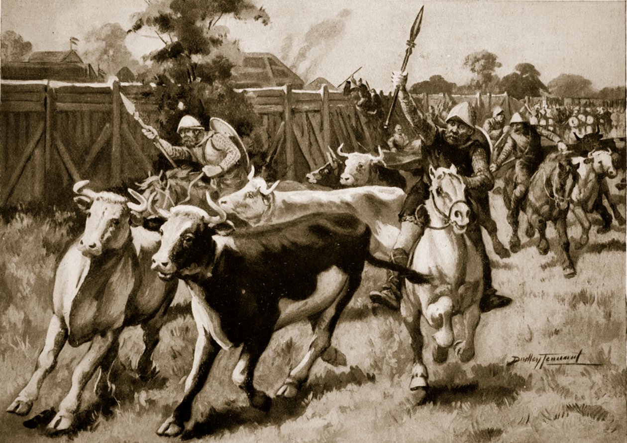 Po bitwie pod Ethandun (Edington), 878, ilustracja z „Historii narodu brytyjskiego Hutchinsona”, ok. 1920 r. (litografia) autorstwa C. Dudley Tennant