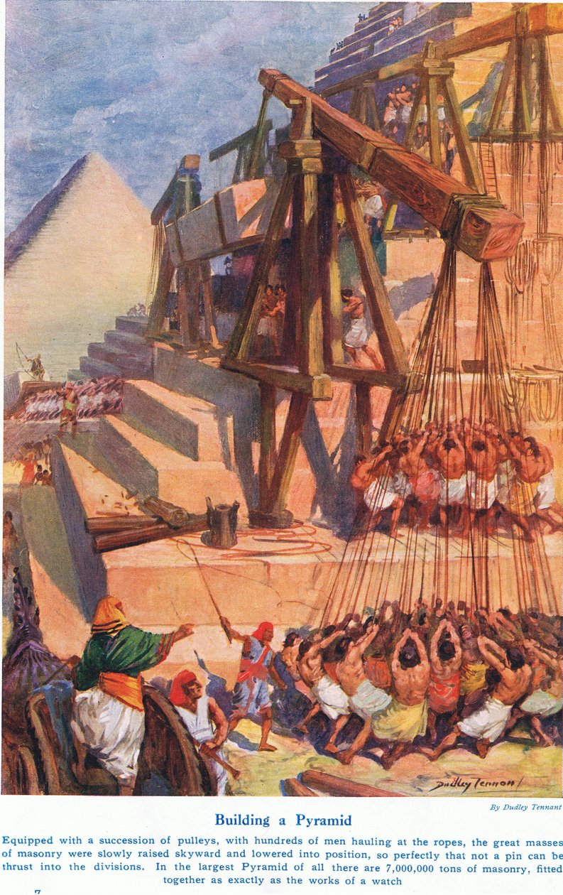 Budowanie piramidy, ilustracja z książki „Cuda lądu i morza”, wydanej przez Cassell, Londyn autorstwa C. Dudley Tennant