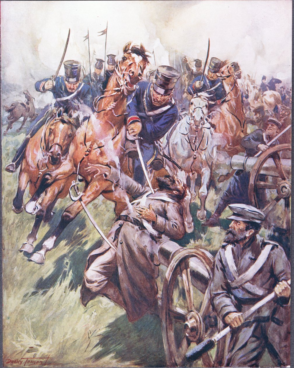 Kozak i Rosjanin zatoczyli się po uderzeniu szablą, ilustracja z „Ballad o słynnych walkach”, ok. 1900 r. (litografia kolorowa) autorstwa C. Dudley Tennant