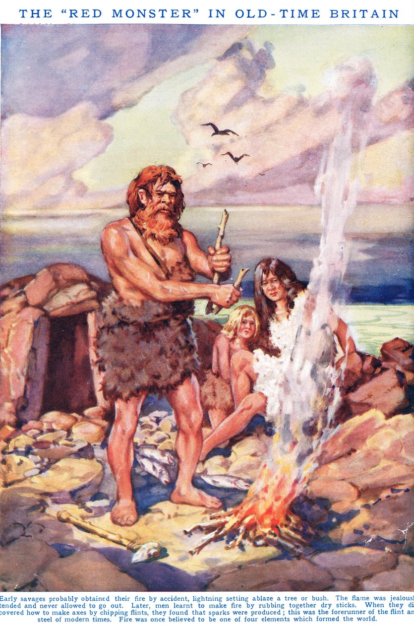 Ogień: „Czerwony potwór” w dawnej Wielkiej Brytanii, ilustracja z „Obrazkowej Księgi Wiedzy Newnesa” (litografia kolorowa) autorstwa C. Dudley Tennant