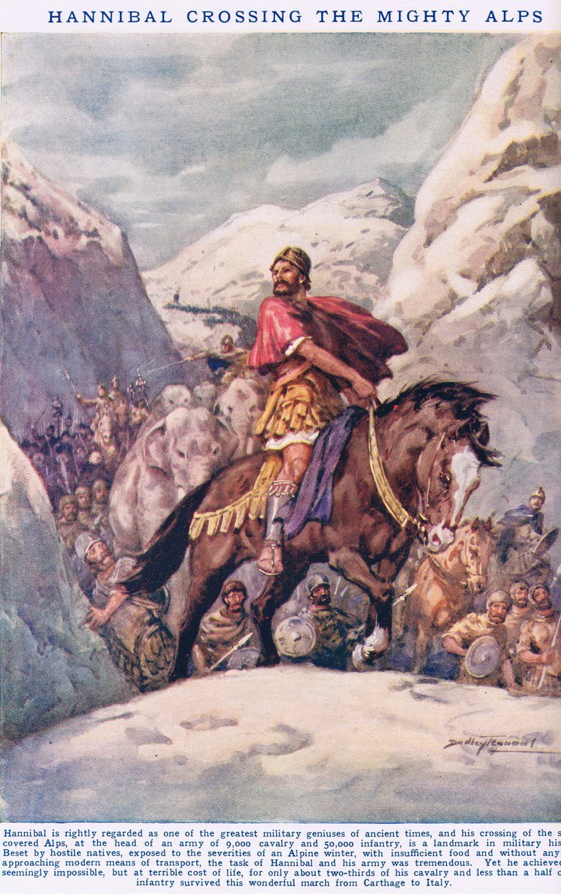 Hannibal przekraczający Potężne Alpy, ilustracja z obrazkowej księgi wiedzy Newnesa (litografia kolorowa) autorstwa C. Dudley Tennant