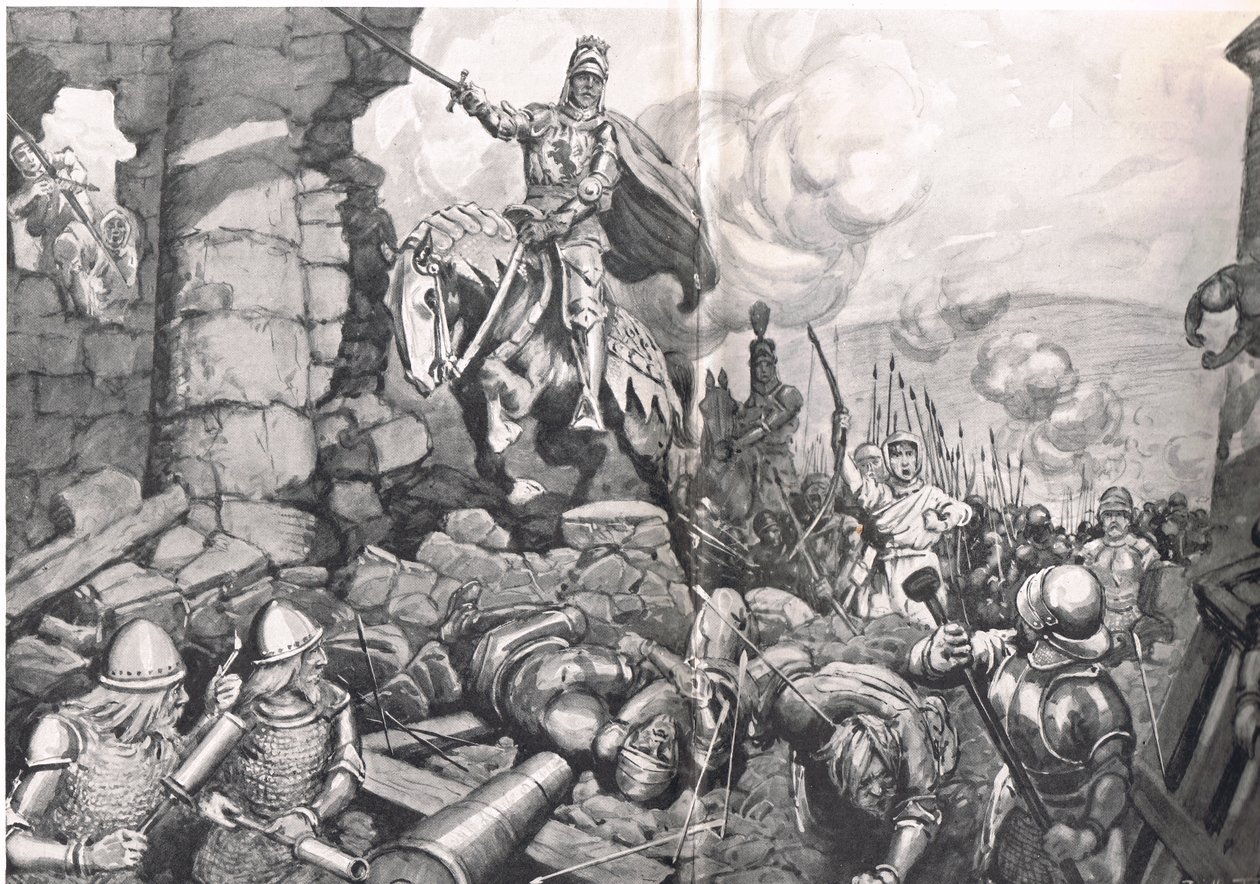 Henryk V podczas oblężenia Harfleur, ilustracja z „British Battles on Land and Sea”, wydana przez Cassell, Londyn, ok. 1910 r. (litografia) autorstwa C. Dudley Tennant